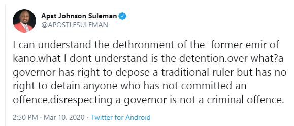 Disrespecting a governor is not a criminal offence - Apostle Suleman questions Sanusi's detainment after being dethroned 4