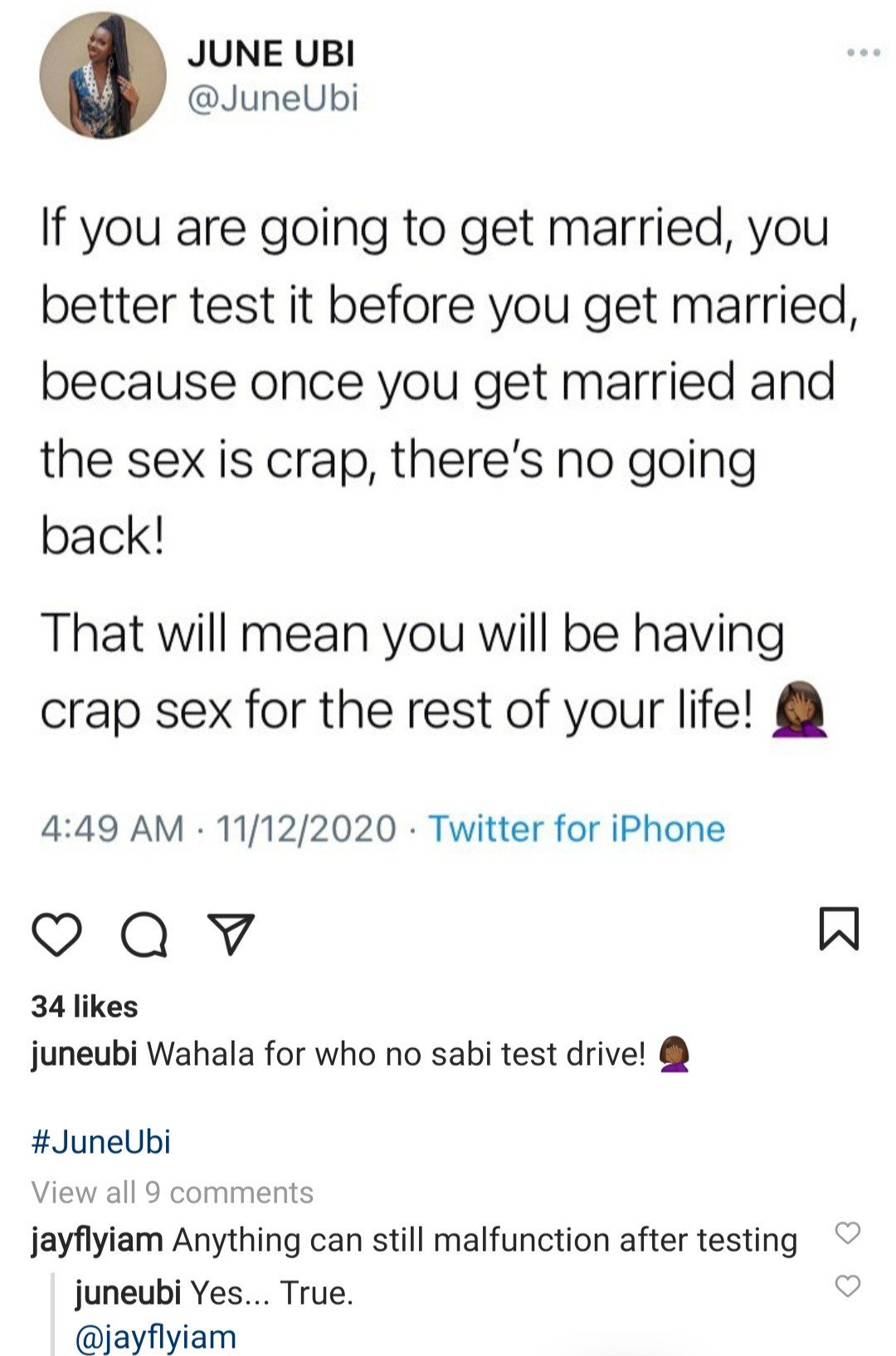 "You better test it before you get married" - Cool FM OAP June Ubi advises couples 4