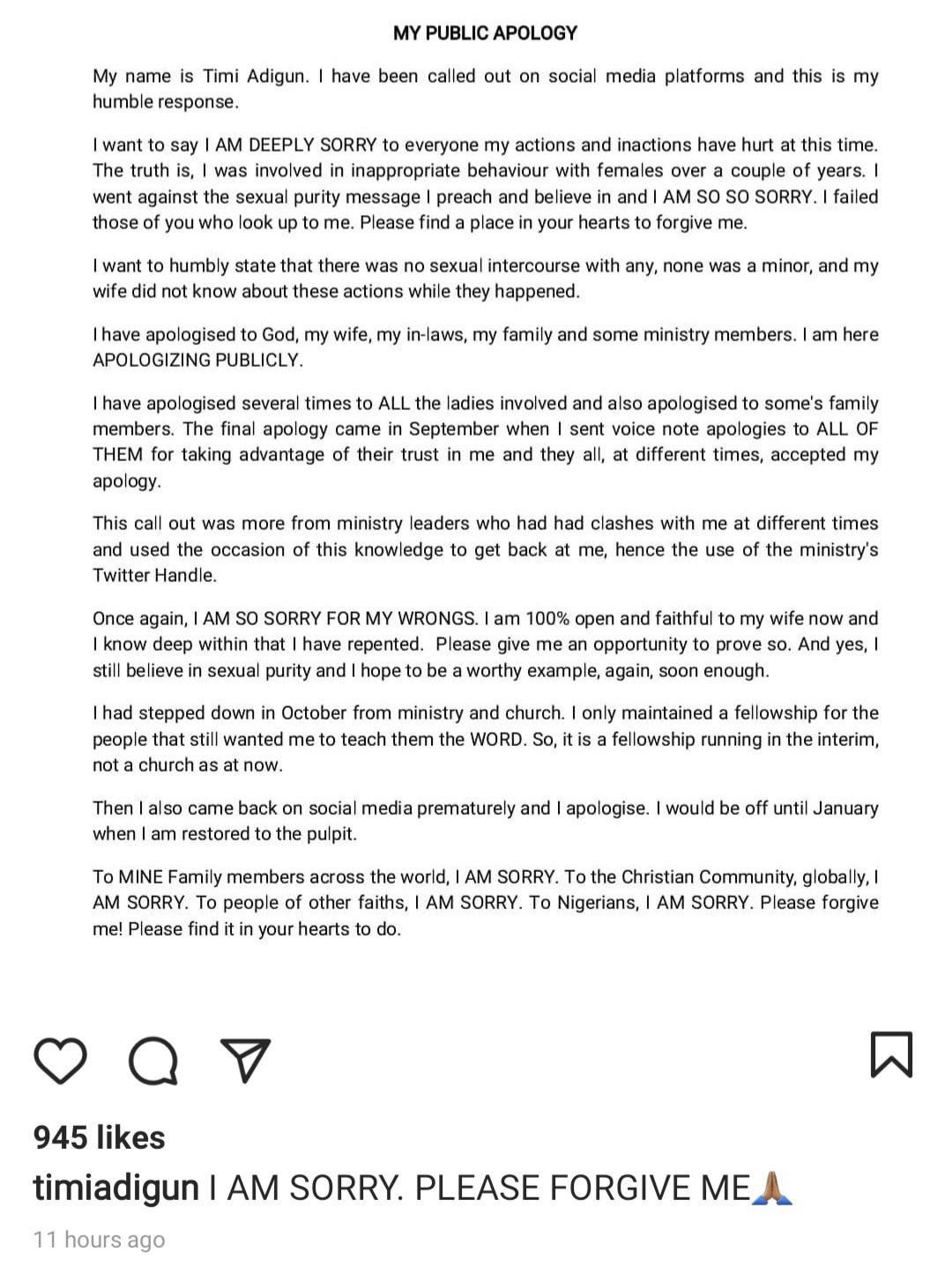 Pastor Timi Adigun publicly apologizes after being accused of sexually molesting Teenagers in his church 14