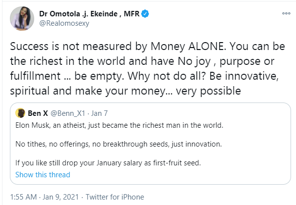 Success is not measured by money alone - Omotola Jalade reacts to Elon Musk becoming the richest man in the world 4