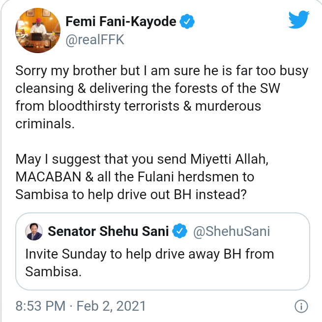 Send Miyetti Allah to tackle Boko Haram, Sunday Igboho is busy – Fani-Kayode replies Shehu Sani 4