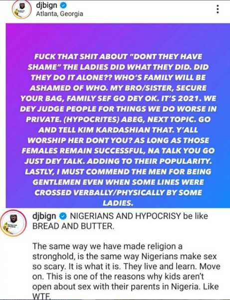 BBN: "As long as those ladies remain successful, na talk you go just dey talk"- DJ Big N tackles Nigerians condemning Dorathy and Ka3na for revealing they had sex on the show 4