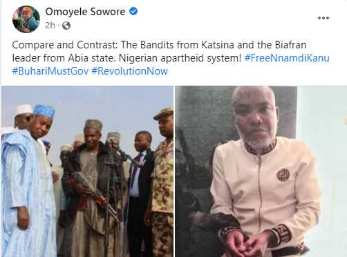 Nigerian apartheid system - Omoyele Sowore says as he shares photos of how Nnamdi Kanu was paraded and how bandits are allegedly treated in Katsina 4