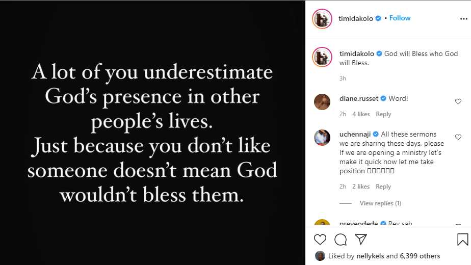 Just because you don't like someone, doesn't mean God wouldn't bless the person - Timi Dakolo 4