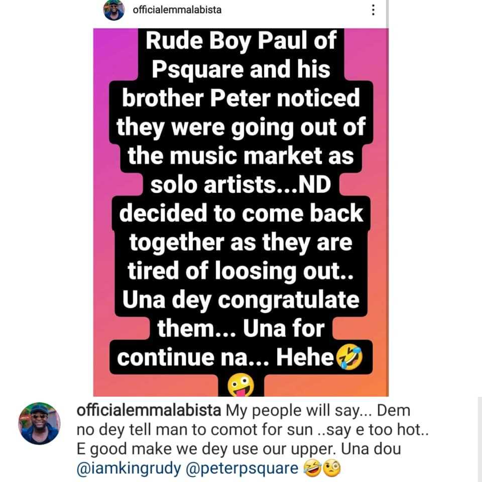 Peter and Paul Okoye noticed they were going out of music market as solo artists and decided to come back - Actor Emmanuel Ehumadu 4