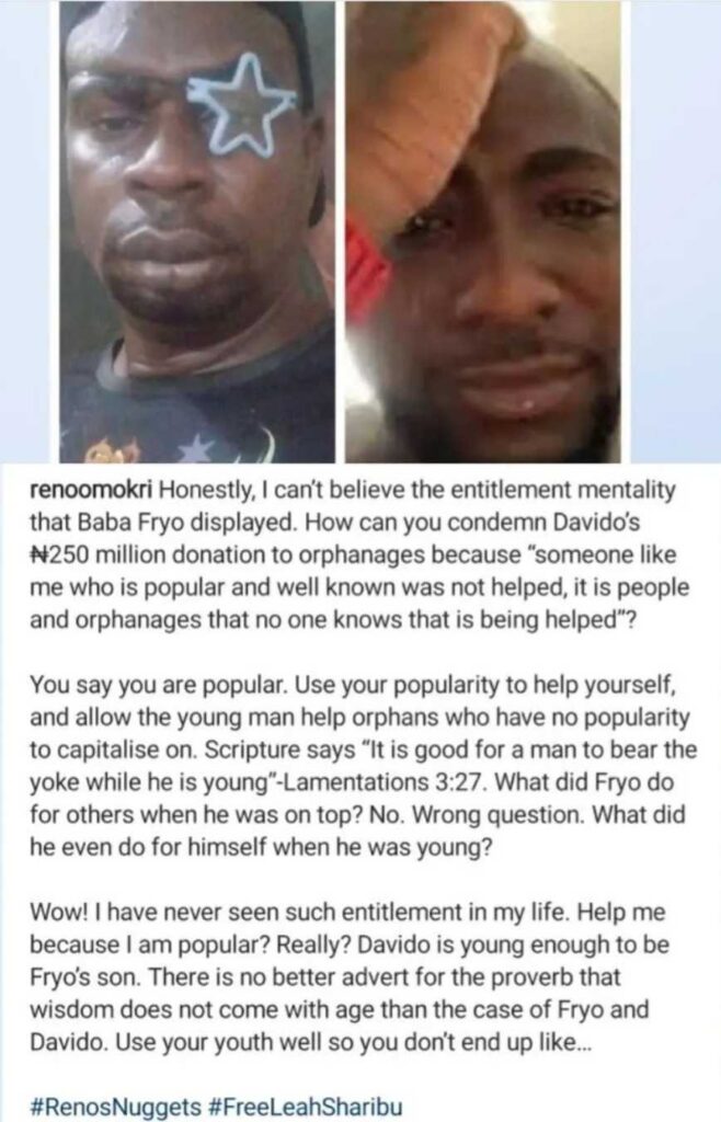 "I have never seen such entitlement in my life" Reno Omokri reacts to Baba Fryo calling out Davido for giving money to Orphanages instead of him. 4