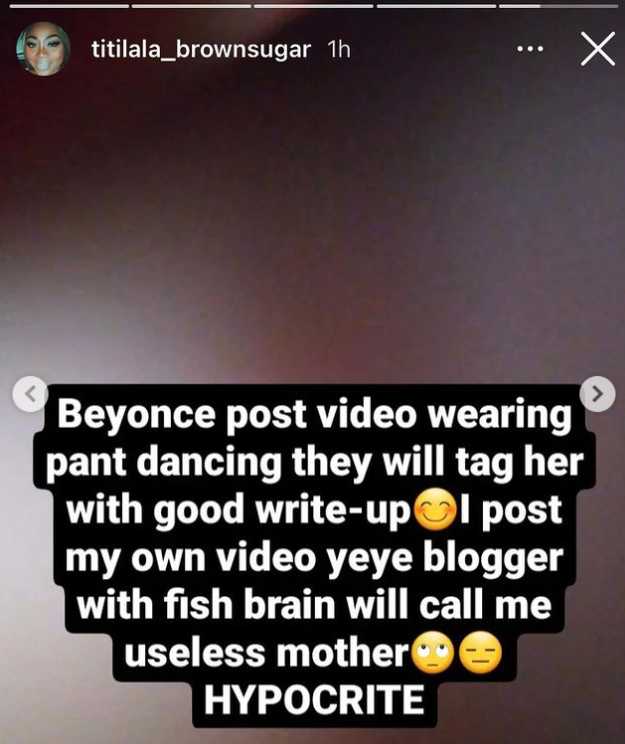 "Beyonce posts video wearing pant dancing, they tag her with good post, I post my own video and they call me useless mother" - BBNaija star, Angel's mother 4