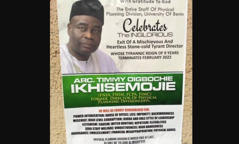 UNIBEN staff celebrate "inglorious exit of mischievous, heartless and stone-cold tyrant" Director after 9years of terror 1