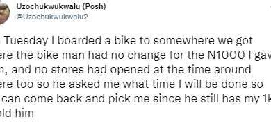 Photo of “The world will be good to that guy” – Nigerian man says as he recounts his experience with a sincere Okada rider in Lagos