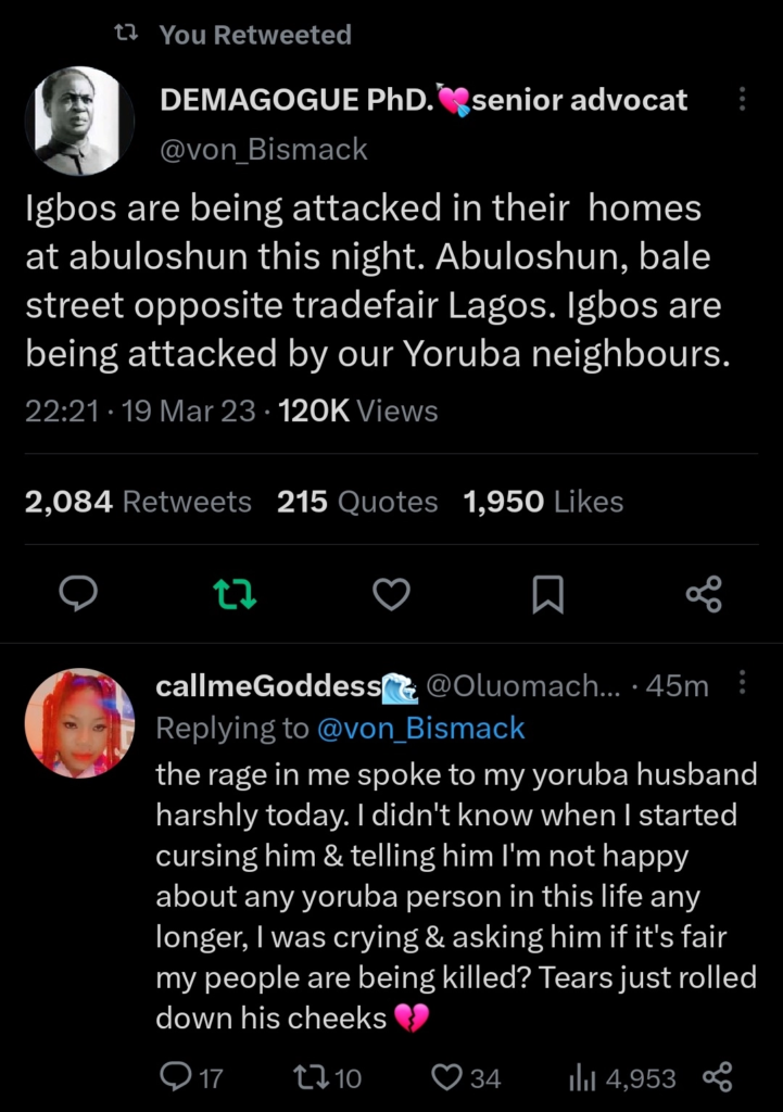 "I might end up poisoning him with the way I feel" Igbo woman says attack on Igbos is affecting her marriage to a Yoruba man 6