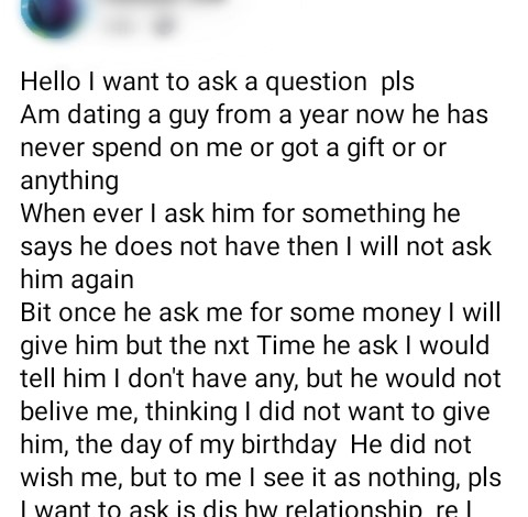 I give him money whenever he asks but he has never spent on me - Nigerian lady seeks advice about her boyfriend 3