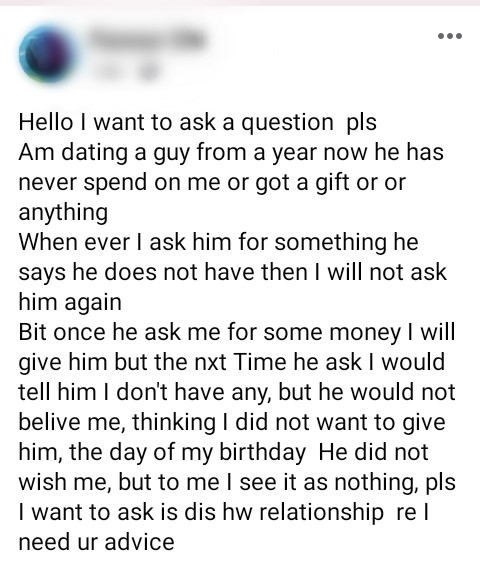 I give him money whenever he asks but he has never spent on me - Nigerian lady seeks advice about her boyfriend 4