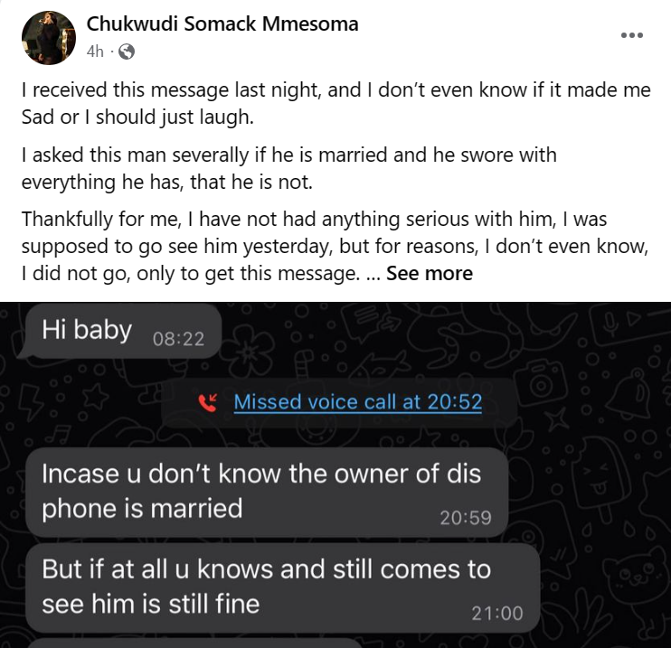 I asked this man severally if he is married and he swore with everything he has that he is not - Nigerian lady reacts after being confronted by wife of man asking her out  6