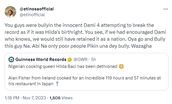 Go and bully this guy like you bullied Chef Dami abi na only poor man pikin una dey bully – Etinosa slams those who trolled Dami for attempting cooking marathon as Irish chef dethrones Hilda Baci 4 Go and bully this guy like you bullied Chef Dami abi na only poor man pikin una dey bully – Etinosa slams those who trolled Dami for attempting cooking marathon as Irish chef dethrones Hilda Baci 4