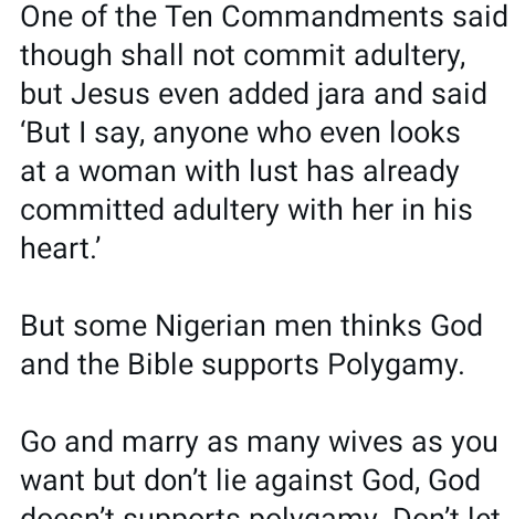 Marry as many wives as you want but don’t lie against God - Nigerian Woman tells men 3