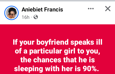 If your boyfriend speaks ill of a particular girl to you the chances that he is sleeping with her is 90% - Nollywood actress, Aniebiet Francis   4