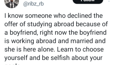 Photo of Woman who declined offer to study abroad because of her boyfriend later ends up alone while the man is married and working abroad