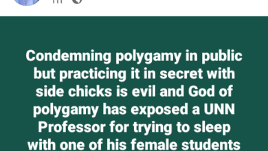 Photo of Condemning polygamy in public and engaging in it in private is evil – Nigerian man says as he reacts to news that a UNN professor was caught while attempting to have sex with a female student