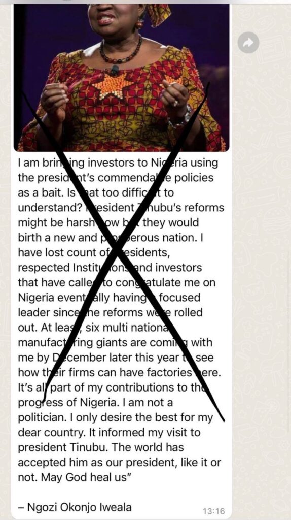 Ngozi Okonjo-Iweala debunks fake WhatsApp message claiming she is bringing investors to Nigeria due to Tinubu’s commendable policies 4