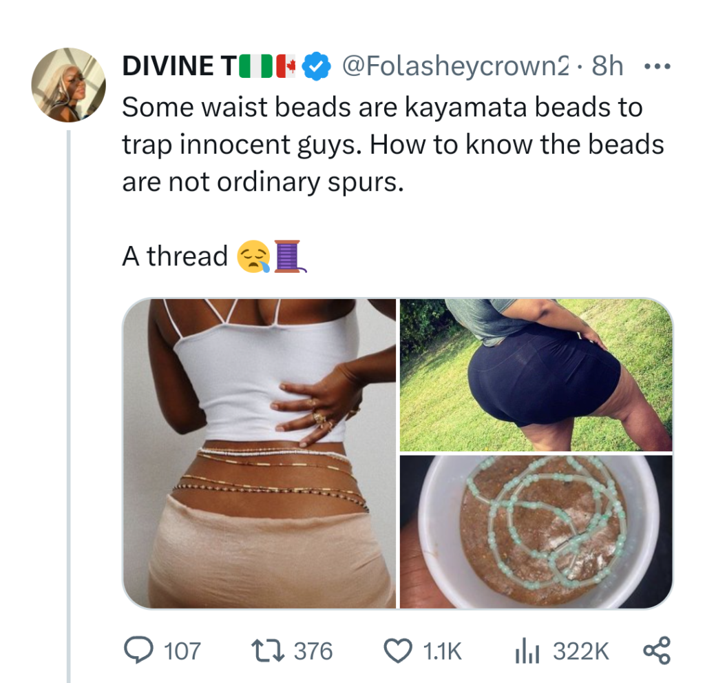 ''If you notice something like mild electric shock when you try to climb her, my dear run for your life'' - Nigerian lady reveals three ways to know if a girl's waist bead is not 'ordinary' 6