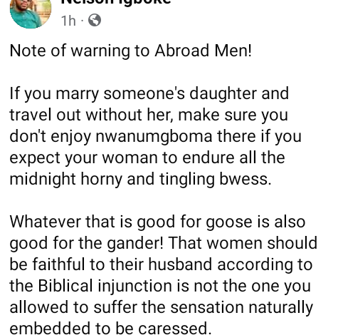 Make sure you are not cheating if you expect your wife to remain faithful - Nigerian man warns 'abroad men' who travel out without their wives 3