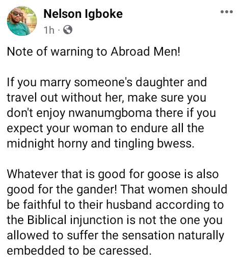 Make sure you are not cheating if you expect your wife to remain faithful - Nigerian man warns 'abroad men' who travel out without their wives 4