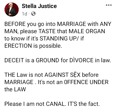 Before you go into marriage with any man, please taste the male organ to know if it's standing up - Nigerian lawyer advises women 3