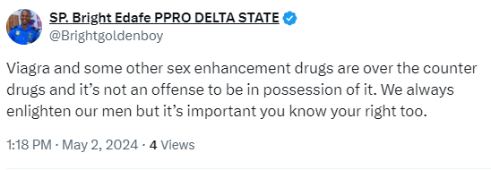 It's not an offence to be in possession of sex enhancing drugs- Delta police spokesperson, Bright Edafe 4