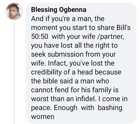 The moment you start splitting bills 50/50 with your wife, you have lost all the right to seek submission from her - Nigerian woman says 5