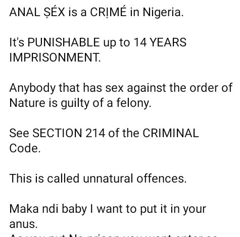 ''Anal Sex is a crime in Nigeria. It is punishable up to 14 years imprisonment''- Nigerian lawyer says 3