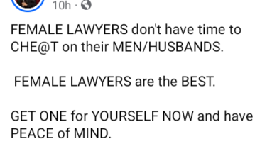 Photo of Female lawyers don’t have time to cheat on their husbands – Female lawyer says