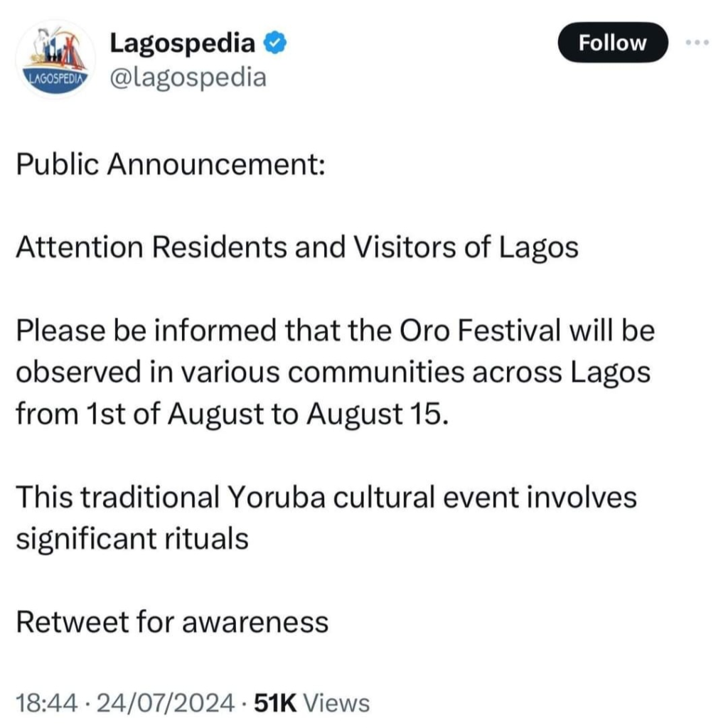 "No Oro ceremony will stop Nigerians from protesting" - Nigerians react to announcement Oro festival will hold from August 1-15 6