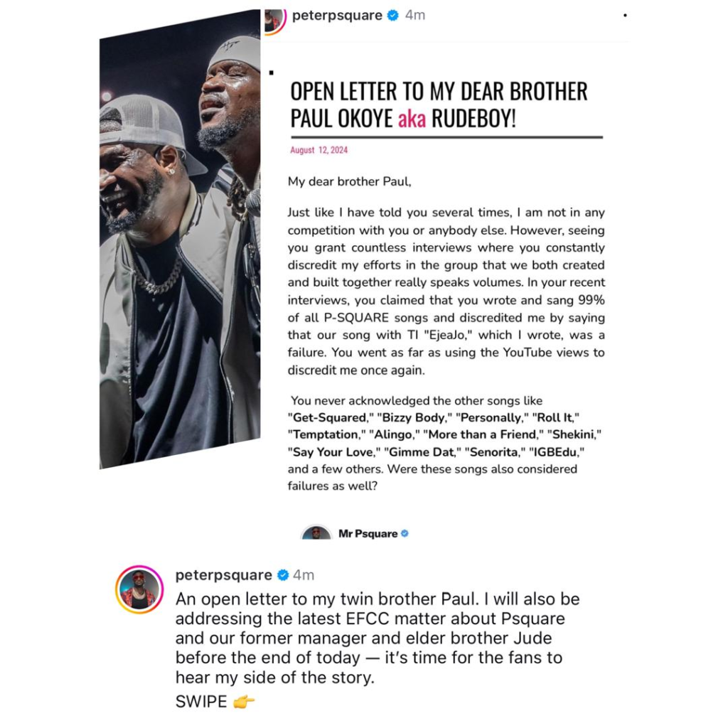 You have been doing everything for the fans to hate me, but they will hate both of us instead because we have disappointed them - Peter Okoye writes open letter to his twin brother, Paul 10