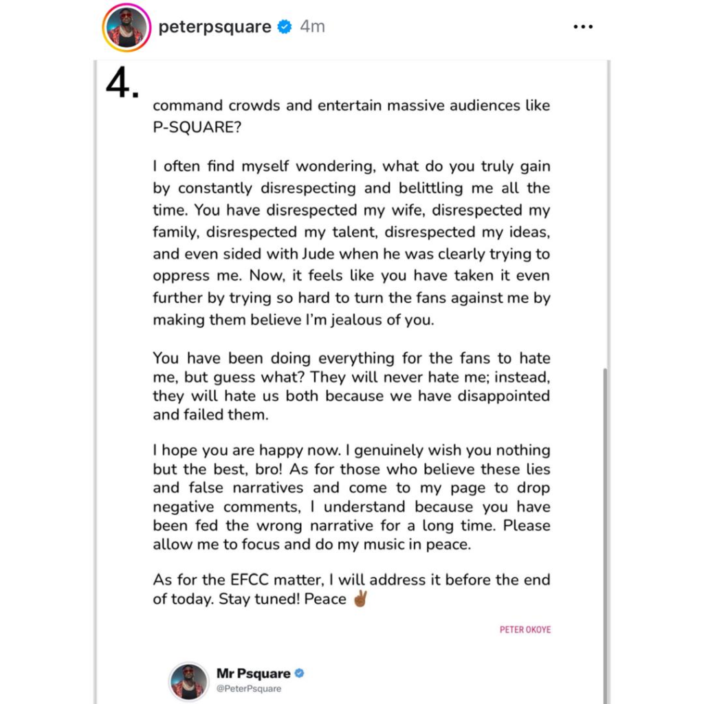 You have been doing everything for the fans to hate me, but they will hate both of us instead because we have disappointed them - Peter Okoye writes open letter to his twin brother, Paul 13