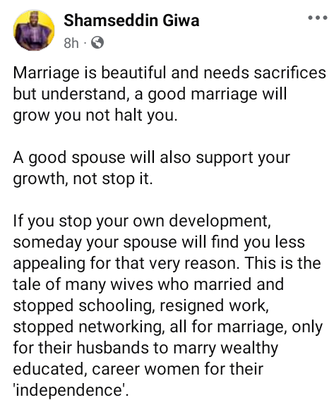 Many wives who married stopped schooling and working only for their husbands to marry wealthy, educated career women - Nigerian man writes 6