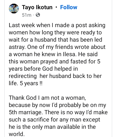 Thank God I am not a woman, I'd probably be on my 5th marriage - Nigerian man says after slamming Nigerian women for the sacrifices they make for their 'rubbish' husbands 4