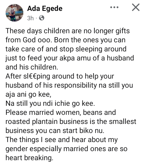 Stop sleeping around to feed your jobless husbands - Nigerian woman advises married women 4