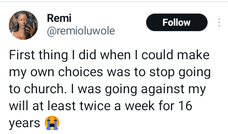 The first thing I did when I could make my own choices was to stop going to church - Nigerian lady says 3