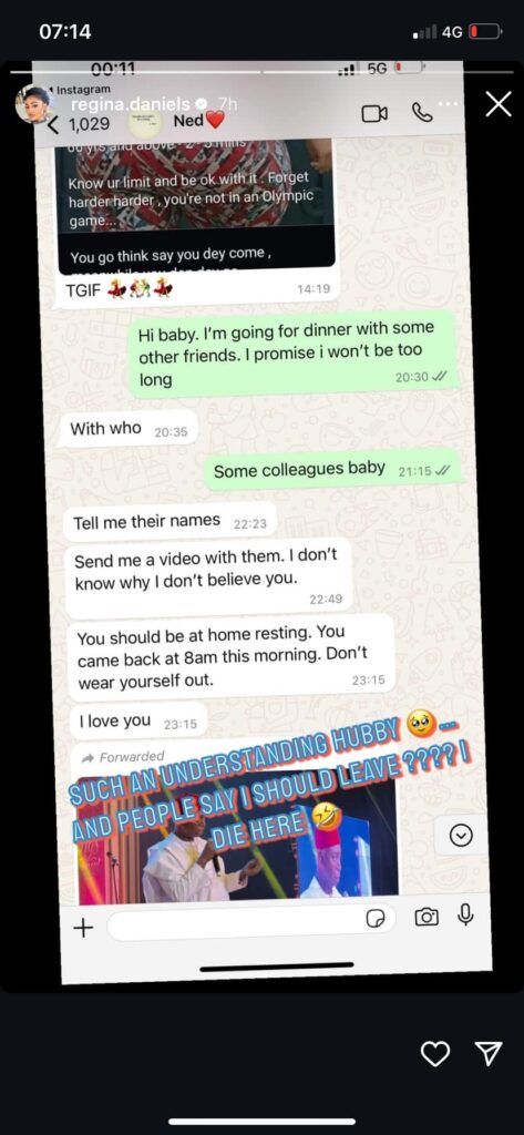 And people say I should leave? I die here - Regina Daniels says as she shares screenshot of chat with husband Ned Nwoko who was concerned about her 4