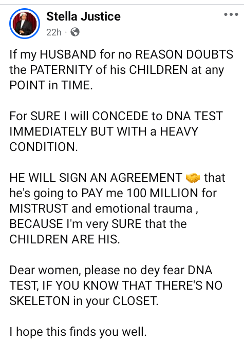 If my husband doubts the paternity of our children I will concede to DNA test but he will pay me N100m for mistrust and emotional trauma - Nigerian lawyer says 4