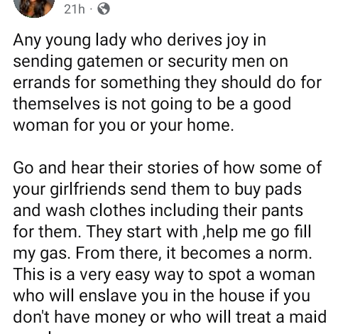 Any lady who derives joy in sending gatemen on errands is not going to be a good woman for you or your home - Nigerian OAP tells men 3