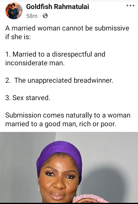 A woman cannot be submissive if she is sex starved, or married to a disrespectful man - Nigerian lawyer says 4