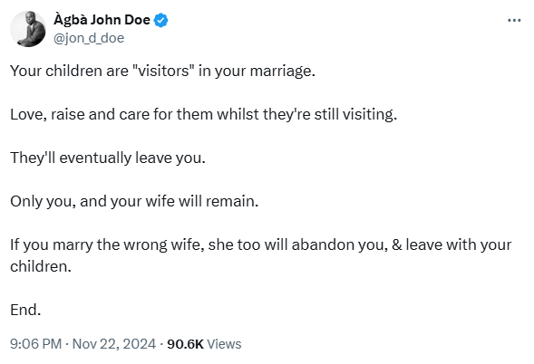 Your children are "visitors" in your marriage. They'll eventually leave you - Nigerian man educates couples 1