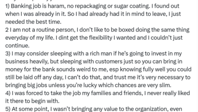 Photo of Sleeping with customers just so you can bring in money for the bank sounds weird to me – Lady writes after quitting bank job