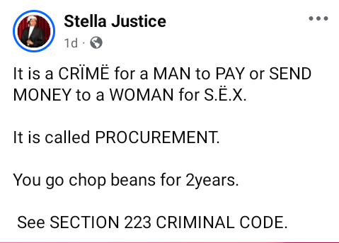 Photo of It’s a crime for a man to pay or send money to a woman for s3x – Nigerian lawyer says