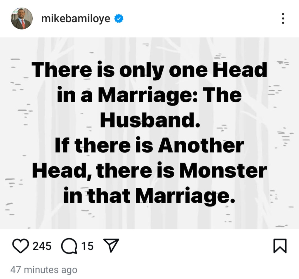 There is only one head in a marriage, any other head is a monster - Cleric, Mike Bamiloye 4