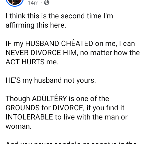 If my husband cheats on me, I can never divorce him no matter how the act hurts me - Nigerian lawyer says 7