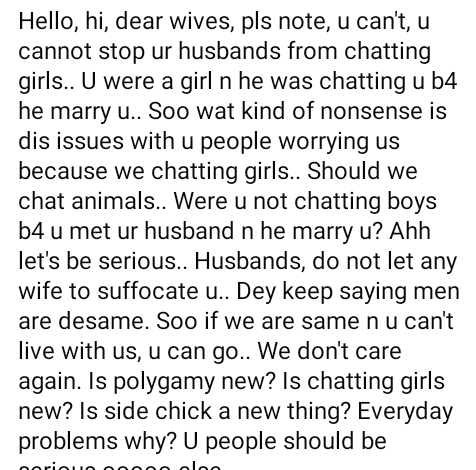 You cannot stop your husbands from chatting with girls - Married man berates wives 3