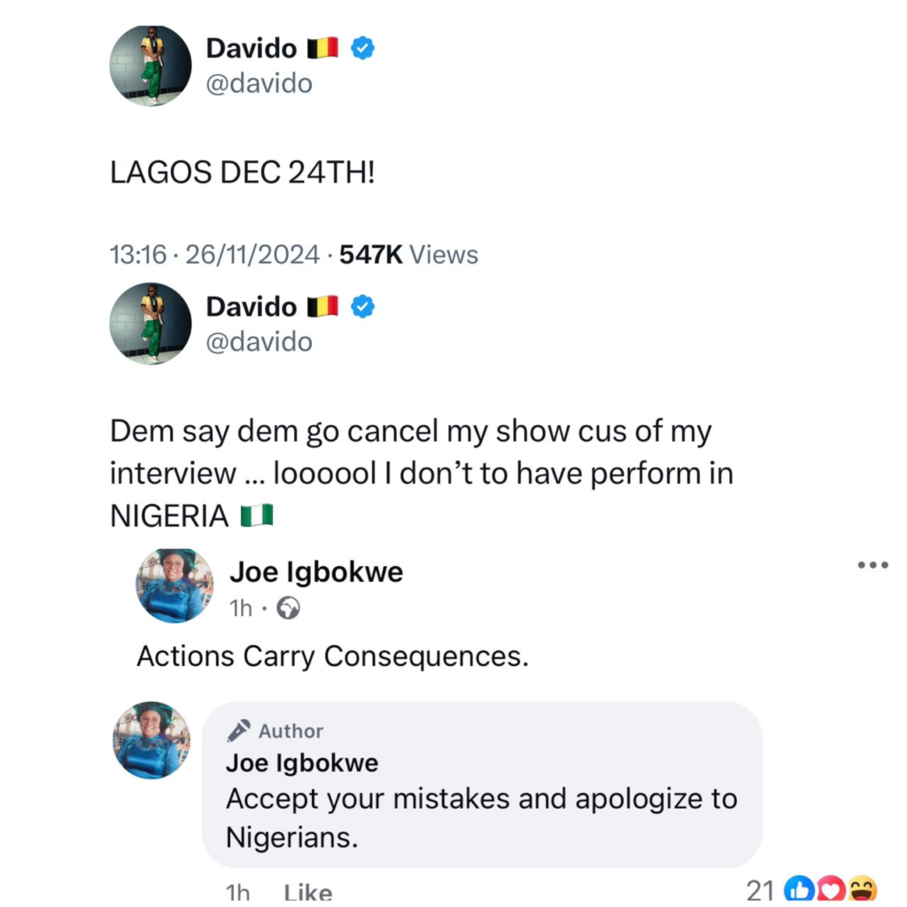 Actions carry consequences - Joe Igbokwe tells Davido after claims that there are plans to cancel his Lagos show over his statement about the Nigerian economy 4