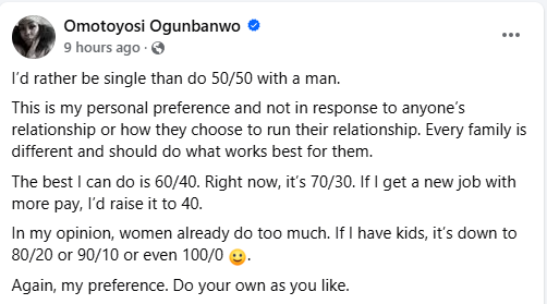 I’d rather be single than do 50/50 with a man - Nigerian Lady shares 3